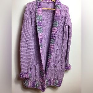 Hand crafted duster cardigan mid length XXL Lavender,pink ,gray, pockets, cuffs.